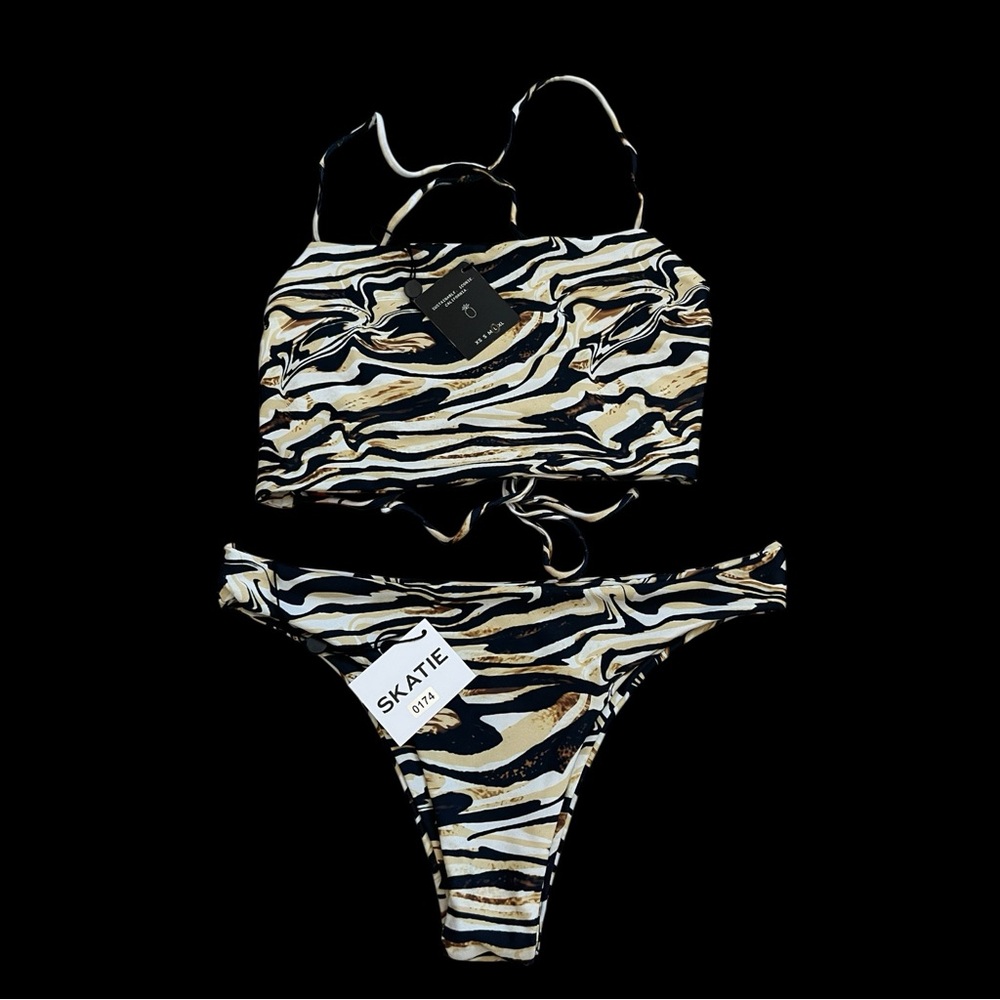 Skatie Bikini Set L Dylan Bottom High Cut Bandeau Knot Top Animal Print